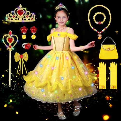 COYBTO Disfraz Princesa Luminosa Niña, Vestido Princesa con Luces Corona Brillante, Vestidos de Princesas Niña, Disfraces de Princesas para Carnaval Fiesta Cosplay