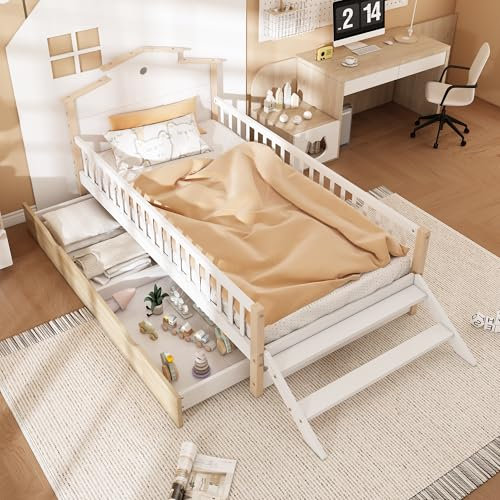 WIZBED Kinderbett 90x200cm mit rausfallschutz, 2 Schublade und Seitenleiter, Flachbetten, Holzbett, Jugendbett Spielbett, Kiefer+MDF, Weiß+Natur, Ohne Matratze