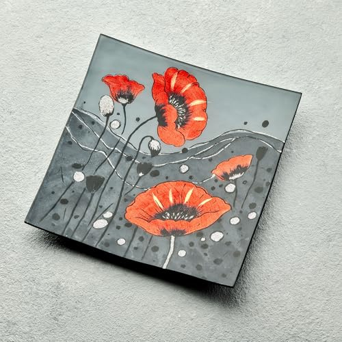 Sienna Glass Poppy Style Plate – Handcrafted Fused Glass Floral Dish – Decorative Red Poppy Design – Gift-Boxed Home Décor Accent for Dining, Display, and Gifting