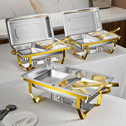 FERAHI Gold Chafing Dishes for Buffet Set of 3, 9.5QT Chafing Dish Buffet Set, Stainless Steel Chafers and Buffet Warmers Set, Food Warmers for Parties Buffet, Party Food Warmer Buffet Set with Tongs