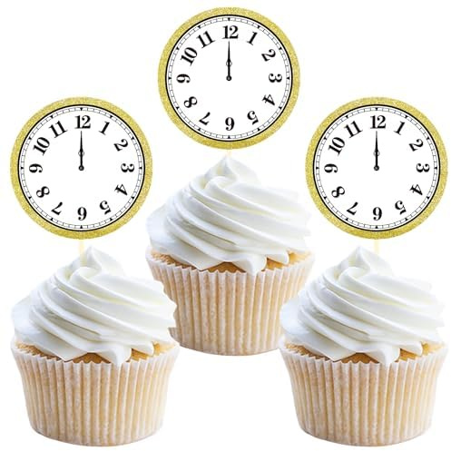 24PCS Happy New Year Cupcake Toppers, 2026 Cake Topper for New Years Eve Party Decorations Supplies (Clock A)