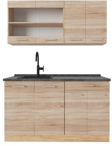 Vicco Single Küche R-Line, Sonoma/Goldkraft Eiche, 140 cm | 4 Module · Höhenverstellbare Füße · AP Anthrazit inkl. · Robuste Fronten · Mit Glasschrank · Frei kombinierbar