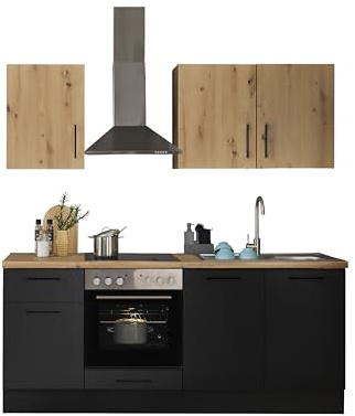 Stella Trading Turin Z Küchenzeile 210 x 211 x 60 cm, schwarz - Ohne Küchengeräte - Moderne, geräumige Küche in Artisan-Eiche Optik mit viel Stauraum