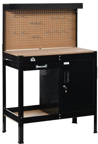 HOMCOM Banco da lavoro 98,5 x 48 x 140 cm Carico 100 kg Tavolo da banco con pannello perforato cassetto mensola e armadio con serratura nero