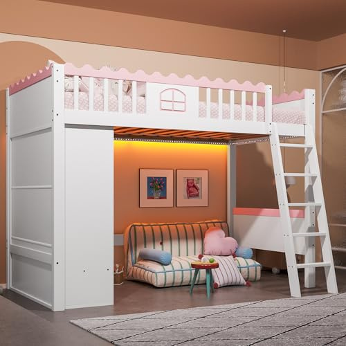 Azkoeesy Kinderbett Hochbett 90x200 cm, mit Kleiderschrank und Schubladen, Jugendbett mit LED-Beleuchtung, mit Lattenrost und Fallschutz, schräge Leiter, Kiefernholz, weiß und rosa