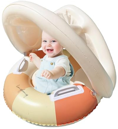 Float with Canopy, Baby Swimming Float, Foldable Inflatable Pool Float with Sun Canopy, Safety Swim Ring Inflatable Seat, Floating Sunshade Toys, Portable Swimming Safety Seat for Toddler