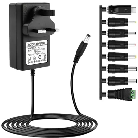 XPJBKC 12V 3A 36W Power Supply Cable Adapter AC to DC, AC Adapter 100-240V 50 60Hz with 8 Replacement Tip, 5.5 * 2.1mm Universal Charger for Household Electronics LED Router Laptop CD Player (UK Plug)