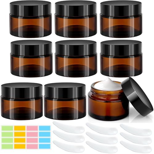 CafullCon Cremedosen zum Befüllen 50ml, 9 Stück Braunglas Salbentiegel, Braun Glastiegel Creme Behälter, Tiegel für Creme mit Aufkleber Kratzlöffel für Kosmetik Cremes Lotionen Ätherische Öle Pulve