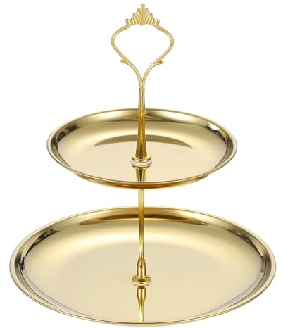 uxcell 1 Set 2-Tier Cupcake Stand Holder, Round Tiered Serving Tray Stainless Steel Cup Cake Stand for Dessert Fruit Table Birthday Party Decoration Display, Gold