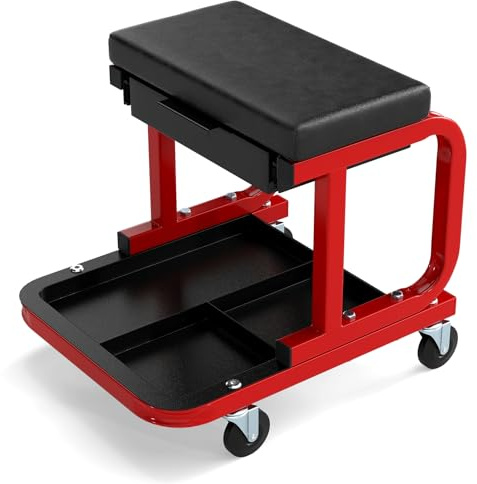 GOPLUS Werkstatthocker Rollsitz, Werkstattstuhl belastbar bis zu 185 kg, Rollhocker Werkstatt mit 360° Rollen & ausziehbare Schublade & Werkzeugablage, Arbeitshocker für die Garage (Schwarz)