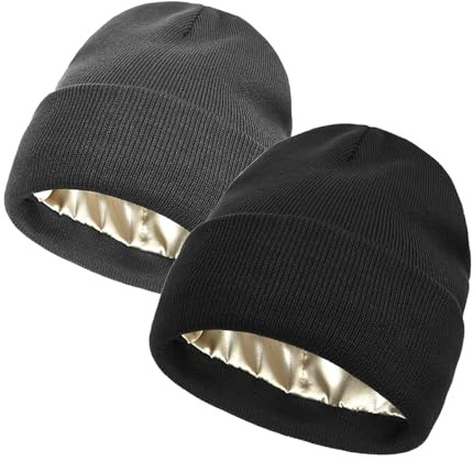 Dermalyx 2 stycken unisex beanie-mössor för män och kvinnor – vinter stickade mössor med satinfoder, sidenfoder, mjuk, avslappnad, varm beanie mössa med kuvert