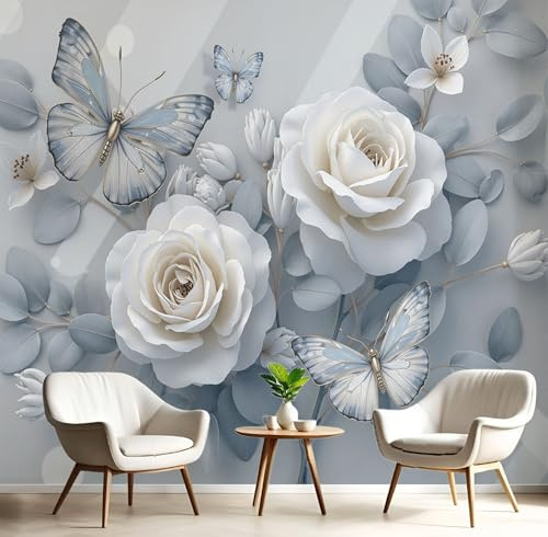 Carta Da Parati Effetto 3D 3D Rosa Bianca 450×315cm, Fotomurali Non Tessuto XXL, Decorazione Poster Arte Murale Marmo Fiori per Casa Ufficio Camera Letto Soggiorno
