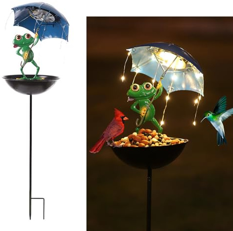 YZYOE Solar Powered Frog Holding an Umbrella Feeding Light, Garden Decoration Iron Cute Frog Holding an Umbrella Floor lamp, Wireless Dusk to Dawn LED Light Waterproof.