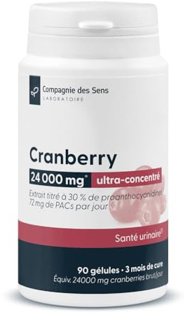 Cranberry Canneberge 72 mg de PACs par Jour - Extrait 100:1 Titré à 30% - Confort Urinaire 24h - 1 Gélule par Jour - 90 Gélules Végétales Cure 3 Mois - Fabriqué en France - Compagnie des Sens
