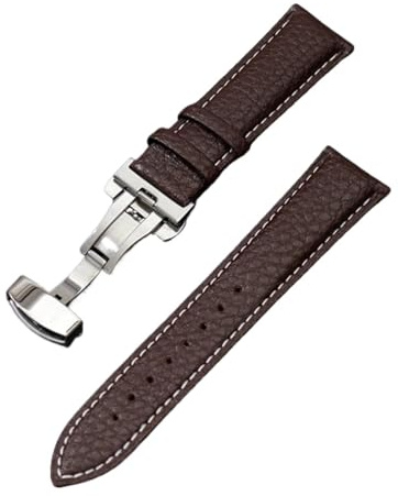 Run Ken Kalvskinnsarmband Litchi Grain-rem Klocktillbehör 18/20/22/24 mm Armband i äkta läder med fjärilsspänne(Brown(white line),18mm)