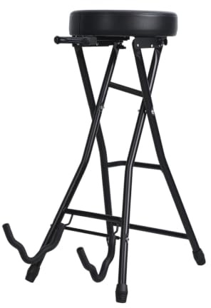 Tabouret de Guitare Pliable avec Support Intégré, Banc pour Instrument Basse, Assise Rembourrée, Crochet Rétractable, Repose-Pieds Professionnel pour Guitares Noir