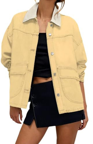 Dam överdimensionerad jeansjacka knapp fram med fickor ledig kappa | Casual denim ytterkläder, lös passform silhuett, trendig kontrastdesign, bekväm vardagsjacka