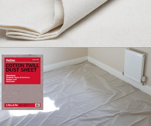 ProDec 12 pies x 12 pies Hoja de algodón para decorar, Protector de alfombras - Paño lavable, Escudo de pintura, Hojas de pintura, Hojas de polvo de alta resistencia para muebles, Paño de pintura