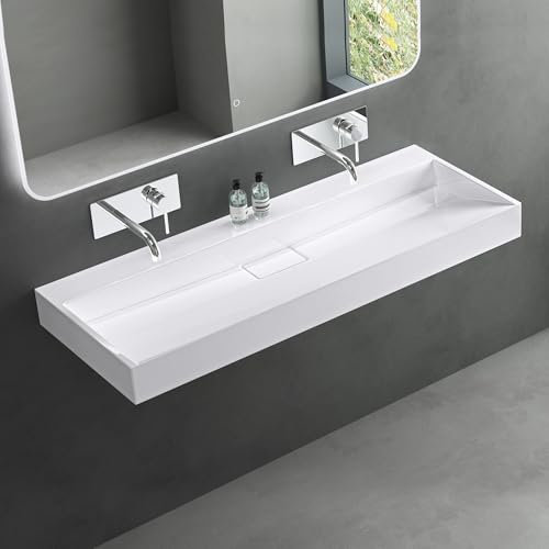 Mai & Mai Waschbecken Weiß Aufsatzwaschbecken Hängewaschtisch inkl. Ablaufgarnitur Mineralguss Rechteckig Waschplatz ohne Armaturenloch Breite: 120cm