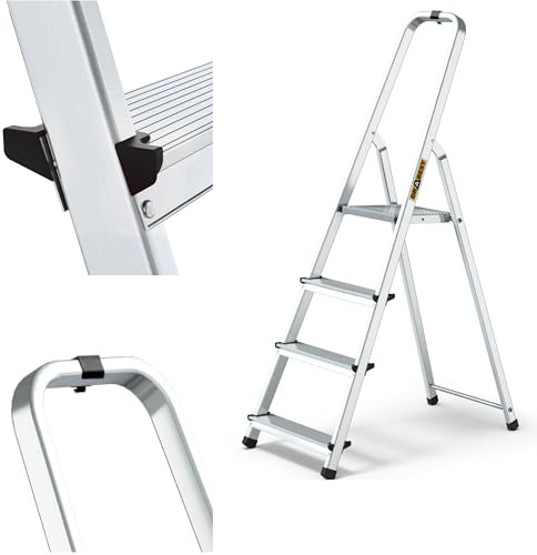 DRABEST Home Aluminiumleiter 4 Stufen 125 kg - Sicheres Arbeiten zu Hause und bei Renovierungen - Tragkraft 125 kg - Stabile Konstruktion - rutschfeste Füße - Steigleiter 60 cm - 0,43 x 1,45 x 0,75 m