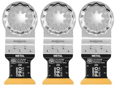 Fein StarLock E-Cut Carbide Pro Oszillierendes Sägeblatt mit titanbeschichteten Bimetall-Zähnen, 3,8 x 4,8 cm, 3 Stück, 63502236270 | Präzisionsschneiden für Hartmetalle, gehärtete Schrauben und Schleifmaterialien, TiN-beschichtet, 3 Stück, 63502236270