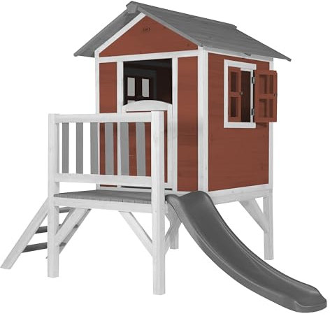 AXI Beach Lodge XL Casetta da gioco rossa con scivolo grigio | Casa per bambini su palafitte con veranda in legno FSC | Parco giochi per il giardino