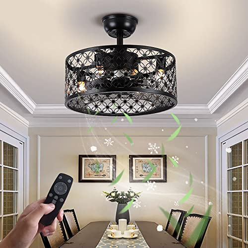 Ventilateur Plafond avec Lumière Silencieux Fan Plafonnier avec Télécommande e Timing Fan Lustre Industriel lampe de plafond E14 cage en Rétro Ventilateur Luminaire Salon Restaurant Chambre Éclairage