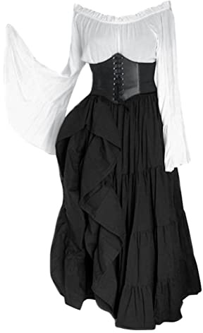Onsoyours Damen Mittelalterliche Kleid Kurzarm Schnürung Mittelalter Ballkleider Retro Halloween Party Cosplay Kostüm Maxikleid F Schwarz S