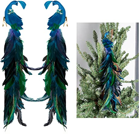 Ercheng 2 Stück Pfauen-Weihnachtsschmuck, 48 cm, glitzernder Vogel zum Anklippen, künstlicher Pfau, natürliche 3D-Pfauenfeder-Dekorationen für Weihnachtsbaum, Blau