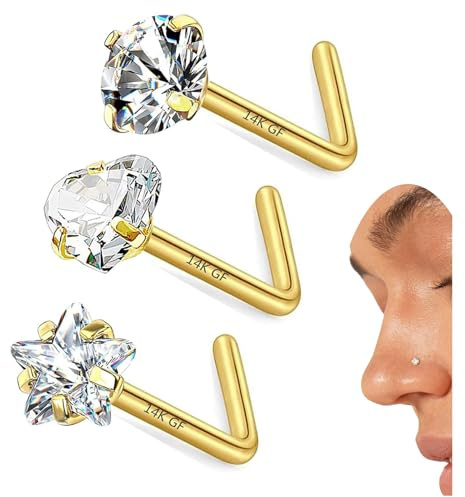 CHARMONLINE 3 Pcs 14K Gold Filled Nose Studs 20G Gold Nose Rings Studs 14K Gold Plated Nostril Piercing L Bend Nose Stud Hypoallergenic Nose Piercing