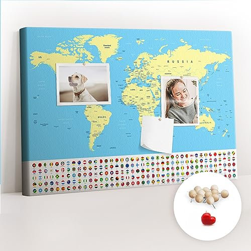 Tulup Pinnwand Notiztafel Reise-Tracker für Zimmer Tourkarte 60x40 cm Leinwand Kork - Klassische Weltkarte