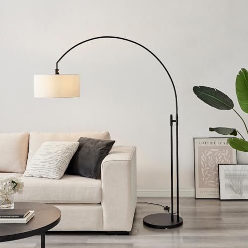 Furniturebox UK Floor Arc Lamp - Lucinda - White Fabric Shade, Black Arm, Gold Brass Accents - Statement Modern Meets Vintage Living Room Bedroom Lighting