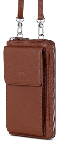 VON HEESEN Leder Handy-Geldbörse mit RFID-Schutz - Handytasche mit Portemonnaie für Damen & Herren aus echtem Leder - Wallet mit Münzfach - Geldbeutel für Frauen und Männer in Cognac Braun