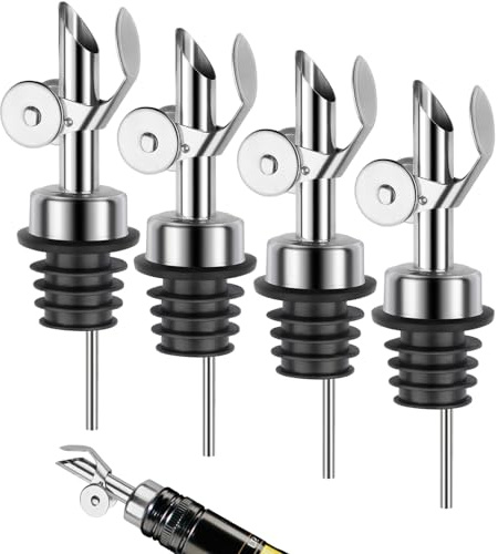 QPIX DIGITAL Liquor Bottle Pourers Auto Flip Olive Oil Spouts Weighted Stainless Steel Alcohol Dispenser Liquor Pour Spouts for Bottles Olive Oil Pourer with Funnel & Brush Pack of 4 Silver