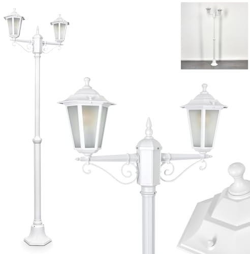 Lampada da esterni Loria, lampada da sentiero in metallo/vetro smerigliato di colore bianco, candelabro a 2 luci, effetto antico, altezza max. 200 cm, illuminazione da giardino IP44, 2 lampadine E27,