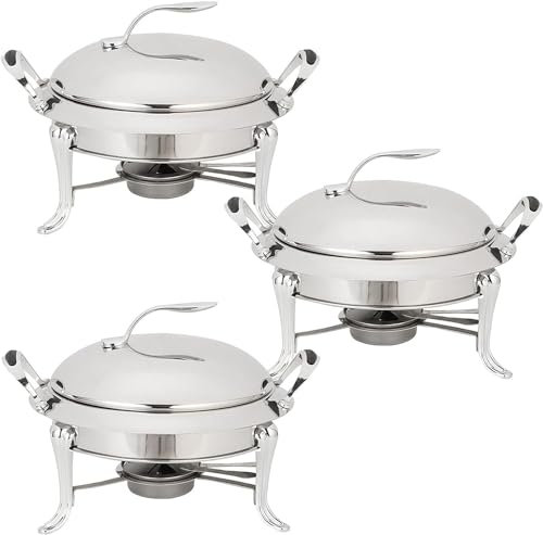 YUNYHAO 3L Fondue Set, Stainless Steel Round Buffet Server, Food Warmer With Pan, Lid And Fuel Rack For Catering Party Wedding Dinner (Color : Silver, Size : 3pack)