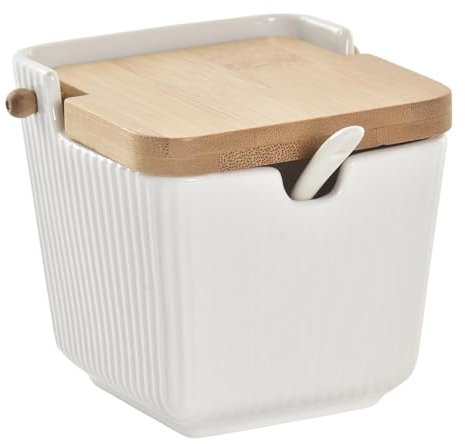 Space Home - Salero Cerámico con Tapa - Azucarero con Cucharilla - Recipiente para Aliños o Especias - Bote para Sazonador - Blanco - Cerámica