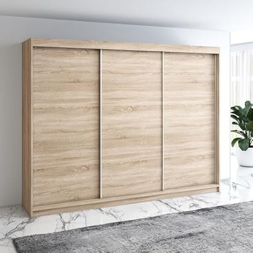 A&J MöbelLand Mero Schwebetürenschrank 200 cm, Kleiderschrank 3-türig mit 4 Schubladen (Sonoma)