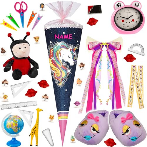 alles-meine.de GmbH mit Glitzer & Glimmer ! Schultüte - Einhorn - Regenbogen Mähne 70-100 cm Größe wählbar inkl. komplette Füllung + Name + Bänder Schleife + Kunststoff..