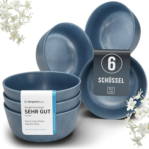 Steingut Müslischalen 6 Pers. Hochwertiges Urban Style TEST SEHR GUT Müsli Schüssel Set, spülmaschinen-, mikrowellen- und Kratzfest- Kleine Schüssel, Müslischale- Pure Living in matt Blau