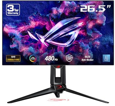 ASUS ROG Swift OLED PG27AQDP, 27 Zoll WQHD Gaming Monitor, 480 Hz, 0.03ms GtG, G-Sync, FreeSync, ROG A.I., GameFast, HDR 400 TB, 10-bit WOLED Panel, 16:9, 2560x1440, DP, HDMI, USB-Hub, ergon