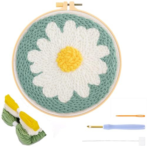 JSRQT Punch Needle Stickerei Set für Anfänger,Stanznadel Stickerei Starter Kit,Starter Stanznadelstoff Muster Set, Garn, Stickrahmen, Einfädler-Werkzeug für Stanznadel(Kleine Daisy)