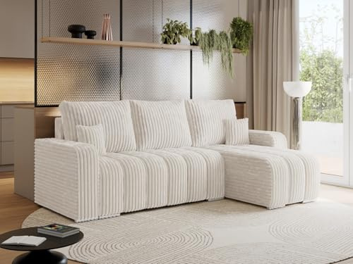 MKS MEBLE Sofa mit Schlaffunktion - Ecksofa mit Schlaffunktion und Bettkasten - Sofa 3 Sitzer - Schlafsofa - Couch - Schlafsofa mit Bettkasten - Kirasso L - Beige Cord
