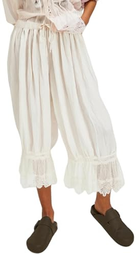 Faretumiya Women Lace Long Bloomers Pants Elastic Waist Y2k Ruffle Pettipants Slip Cute Pantaloons Pumpkin Pants, White, S
