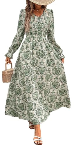 fdsmall Women's Floral Boho Midi Dress Long Sleeve V Neck Flowy Casual Dress Elastic Hight WAIS A-Line Beach Maxi Dresses (UK, Alpha, S, Regular, Regular, Green)