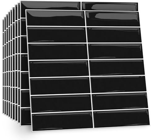 TOARTi 10 Sheets 2D Black Self Adhesive Wall Tiles,12×12inch Stick On Wall Tiles Kitchen Splashbacks for Walls,Tile Stickers Peel and Stick Backsplash Splashback Decals Tile