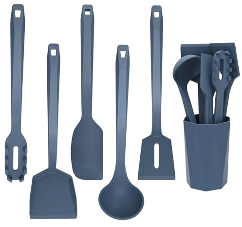 Silikon Kochutensilien 6er Set mit Halter, Silikon Spachtel, Spaghetti Server, Suppenkelle, Hitzebeständige Küchenutensilien für Antihaft-Pfanne und Backen