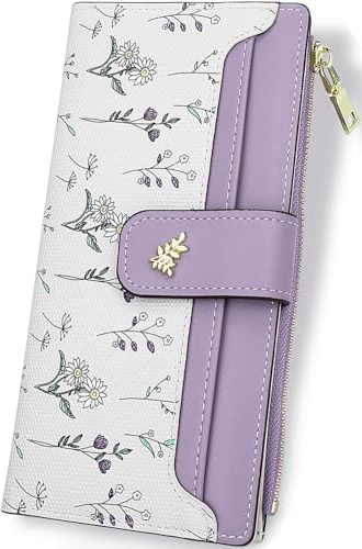 Farcauo Portemonnaie Damen Geldbörsen Frauen Geldbeutel Mittel Groß Damen Geldbörse mit lila Blumen Design für Frauen Portmonee mit Ausweisfach und Kartenhüllen