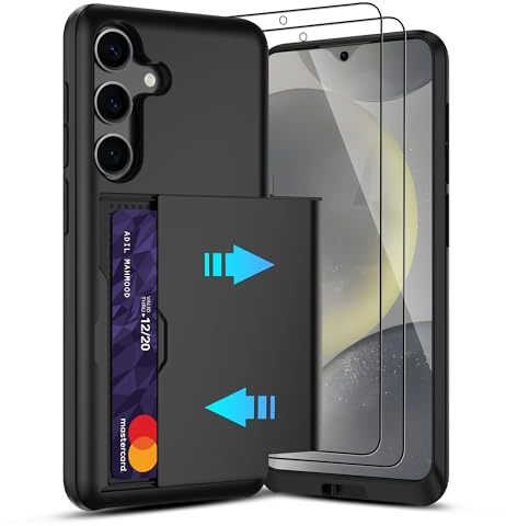 Pilaru Sliding Card Holder Case for Samsung S24 | Hidden Slot Cards | 2 screen protectors | Shockproof & Anti-Slip Protective Wallet Cover | Durable Dual-Layer Design for Galaxy S24,Black