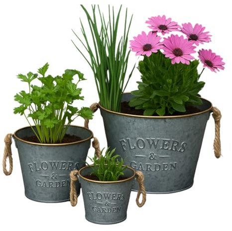 Trendi Galvanized Metal Flower Pots with Rope Handles – Set of 3 Rustic Planters for Indoor & Outdoor Use | Vintage Flowers & Garden Embossed Tin Buckets | Decorative Rustic Planters